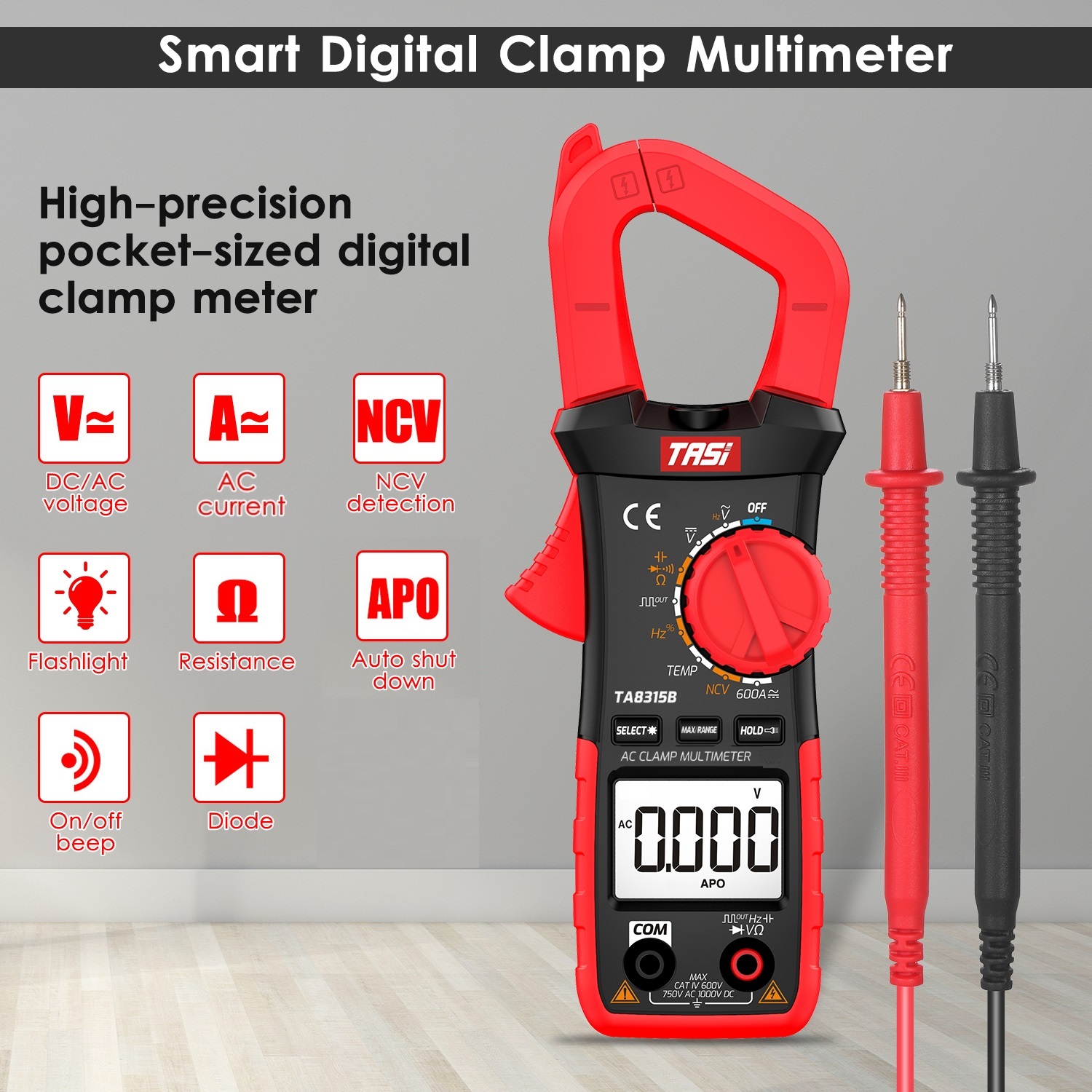 TASI TA8315A Digital Clamp Meter Multimeter Tester True RMS Multimeter Tester OHM NCV DC/AC Voltage Meter