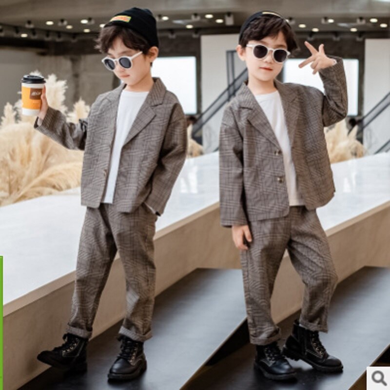 Pojkdräkter vår/höst pojkar 2- delade kostymer barns enkelknäppta plädfärger kostymset storlek 4-14 ly616