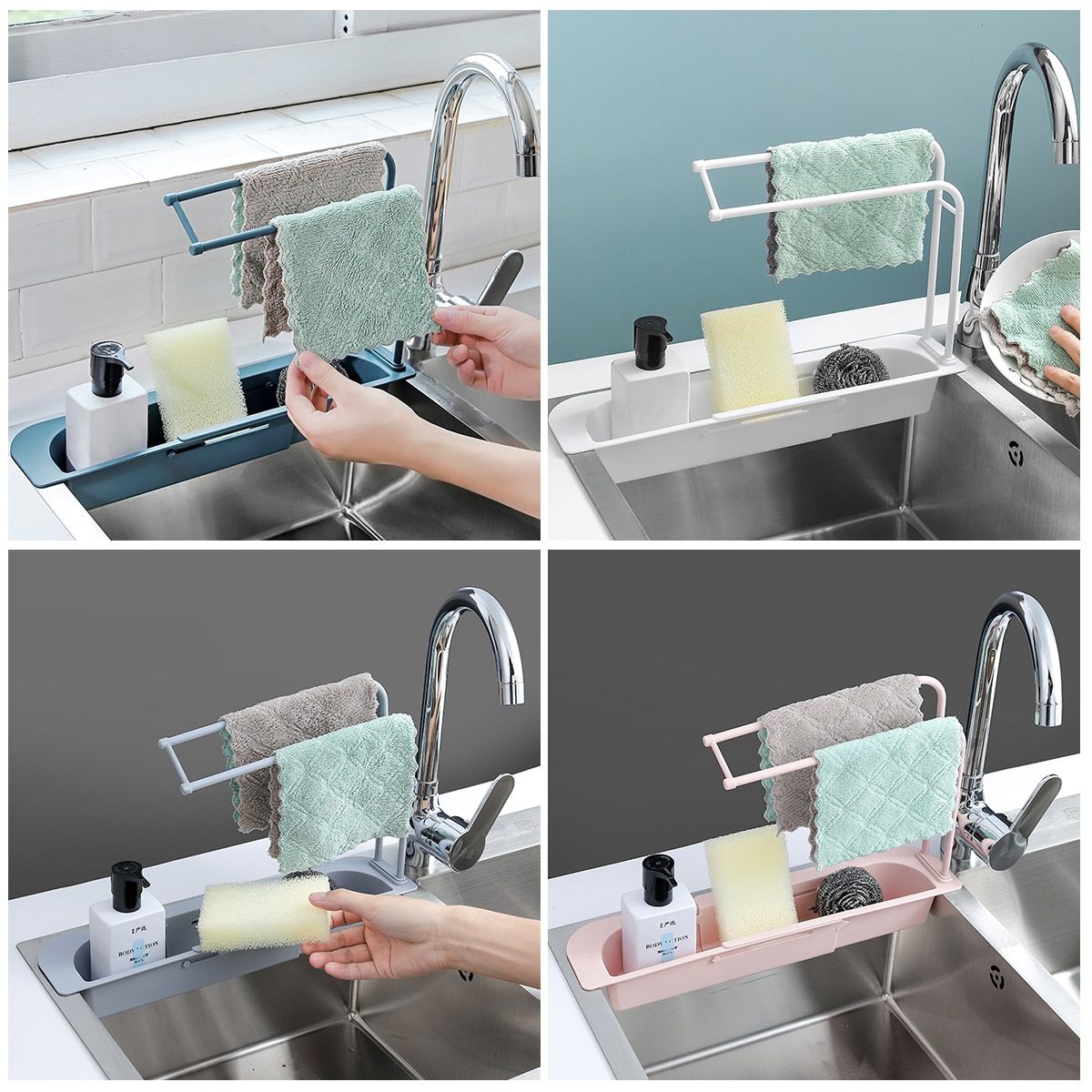 Égouttoir télescopique pour évier de cuisine, panier de rangement, porte-robinet réglable, accessoires de salle de bain