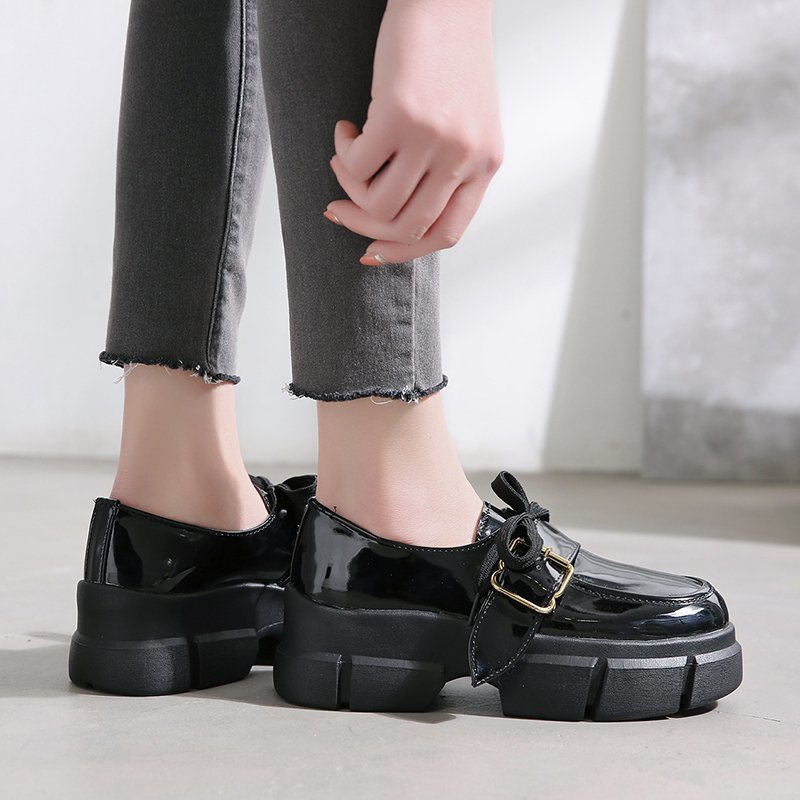 Zapatos planos de mujer con hebilla metálica de charol negro de Rimocy, suela gruesa de punta redonda, zapatos Oxford para mujer, zapatos planos informales de otoño