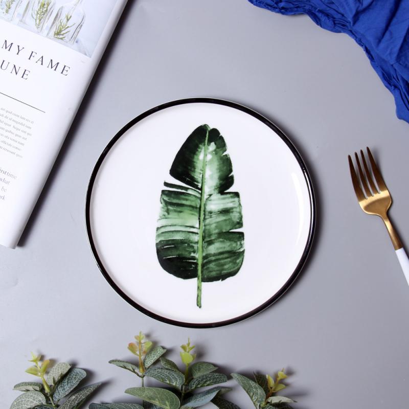 Green Plant Ceramic Plate Nordic Minimalist Plant Pattern Dish Dessert Plate Kitchen Tableware Household Items: 2