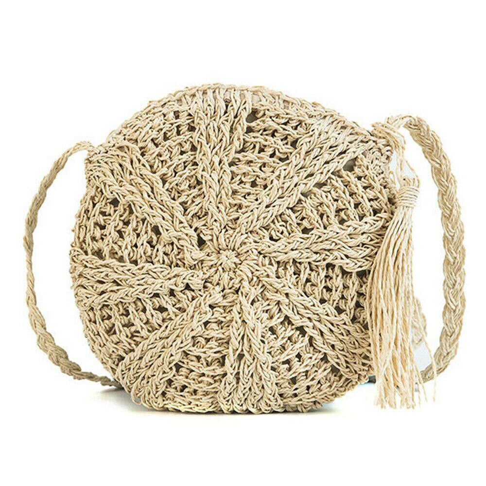 Rund strå taske håndlavet rattan vævet vintage retro halm reb strikket kvinder crossbody håndtaske frisk sommer strandtaske bohemia