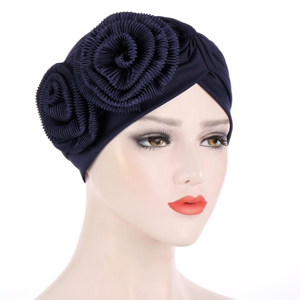 Arab Muslim Head Turban Hat Two Big Flower Appliques Indian Women Headscarf Party Caps Head Accessories TB-203: navy blue