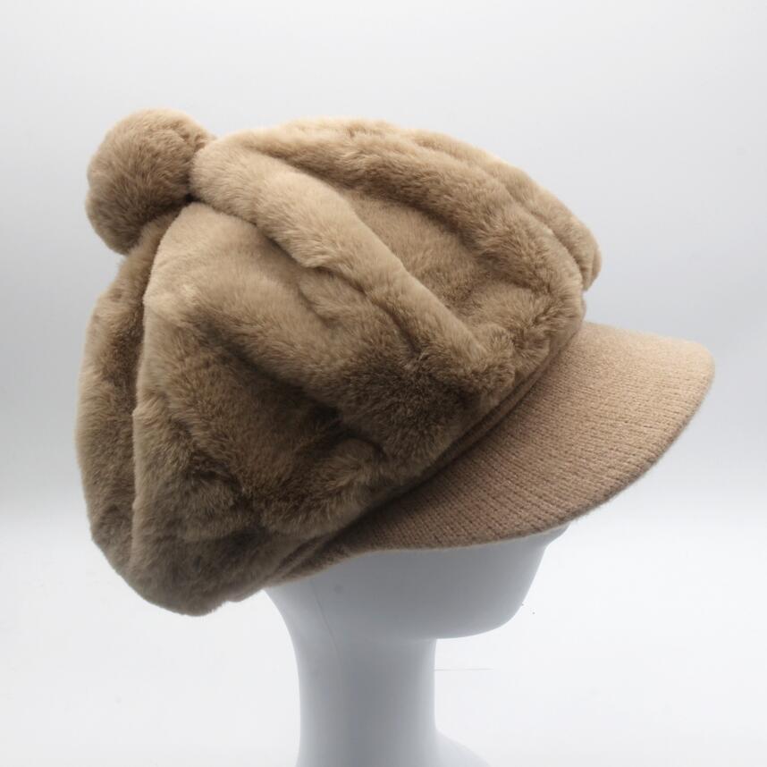 Gorro de punto para niña y niño, boina rosa, octogonal, liso, Newsboy, sombrero para mujer de piel sintética, sombrero de panadero con pompón: Beige