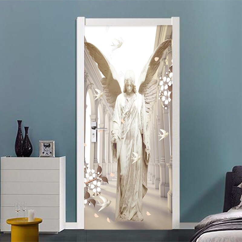 Zelfklevende Deur Sticker 3D Stereo Steen Carving Angel Vleugels Duif Behang Woonkamer Studie Creatieve DIY Deur Muur stickers