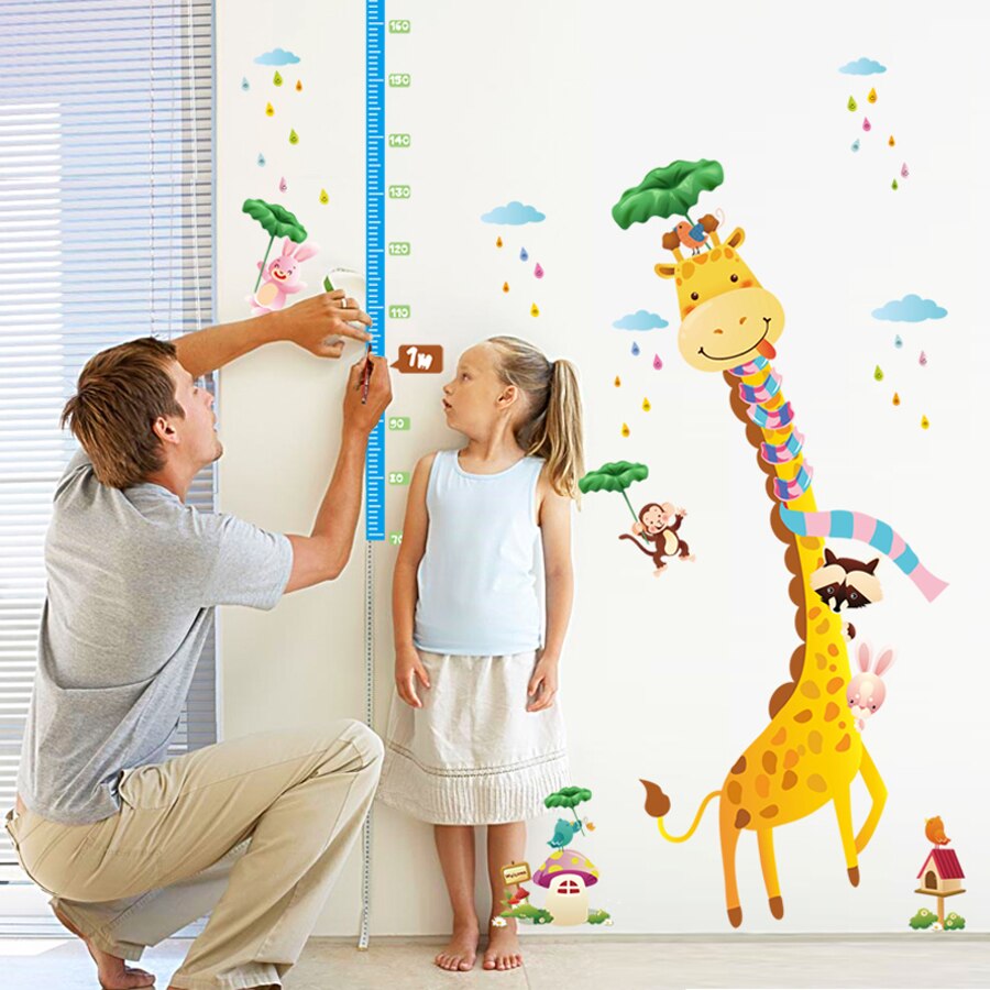Store tegneserie giraf wallstickers boligindretning stue børn soveværelse børneværelse dekoration højde måling diagram mærkat
