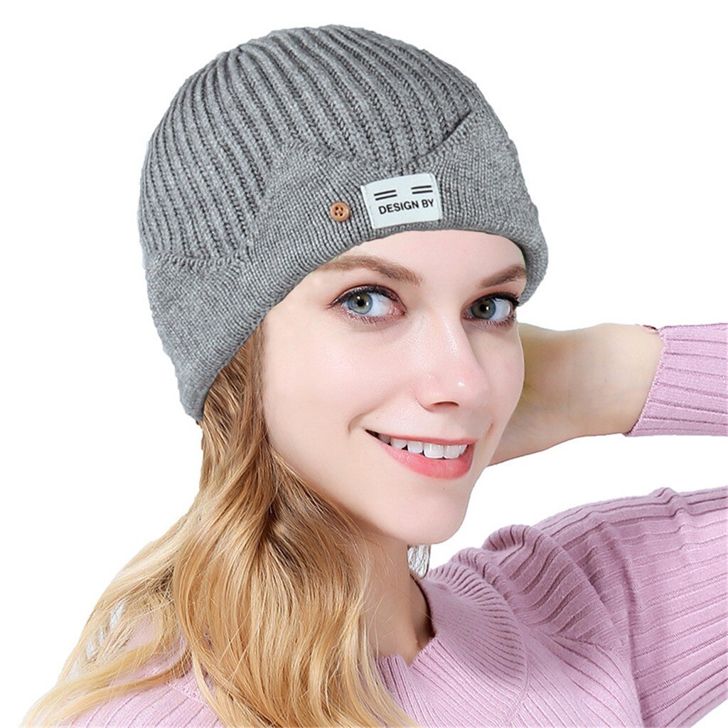 Women Soild India Stretch Turban Hat Button Wool Hair Loss Head Scarf Wrap Autumn Winter Warm Earmuff Colorful Crown Caps: GY