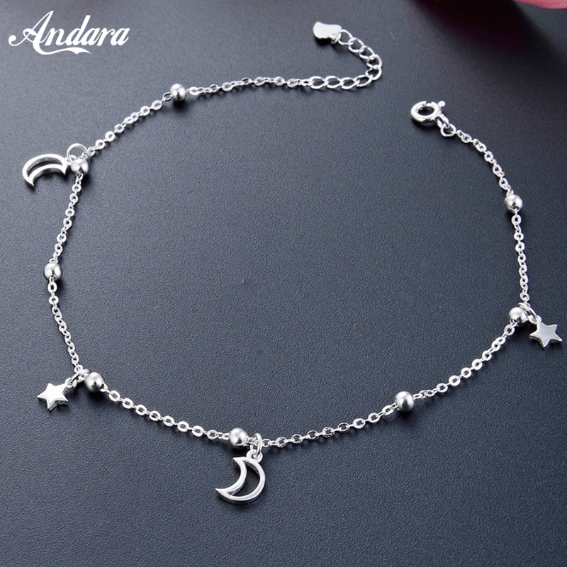 Massief Zilver 100% 925 Sterling Zilveren Ster Maan Vrouwen Enkelband Eenvoudige Stijl Chain Link Enkel Luxe Sieraden