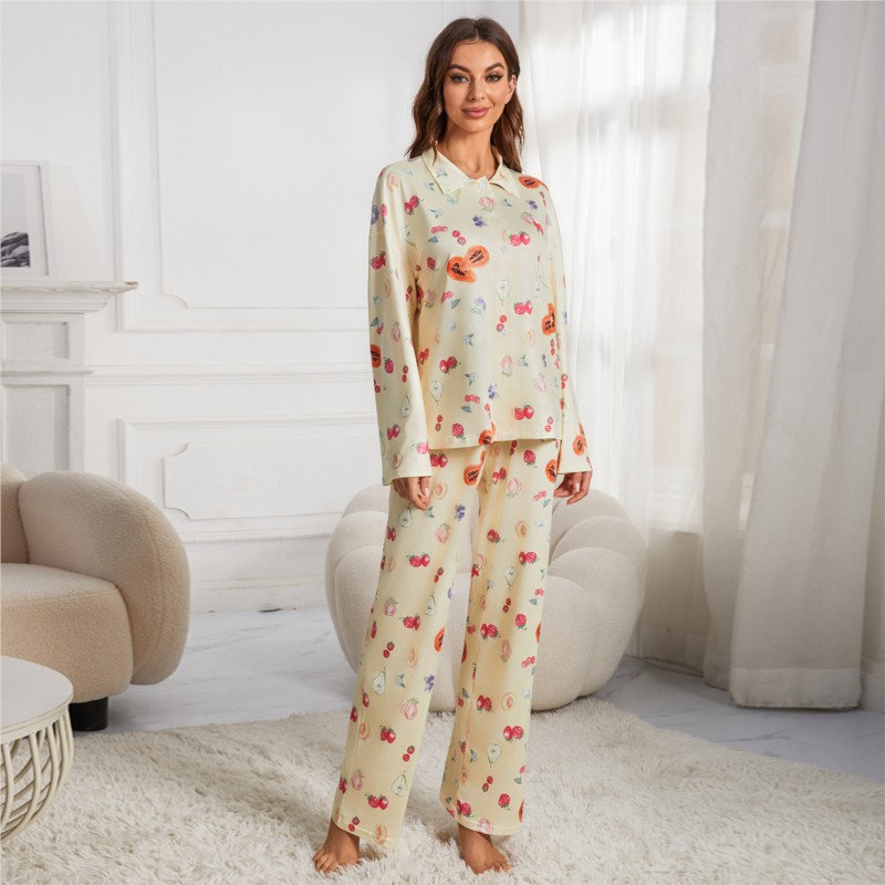 Dame afslappet gul pyjamassæt langærmet knaplukning skjortelomme blomsterprint frugtprint løse vide ben bukser pyjamas s-xxl