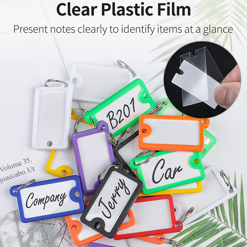 10-50 Uds etiquetas para llaves 4,3x2,5 cm etiquetas para llavero de plástico con etiquetas de papel en blanco cubiertas transparentes y anillos divididos para llaveros DIY