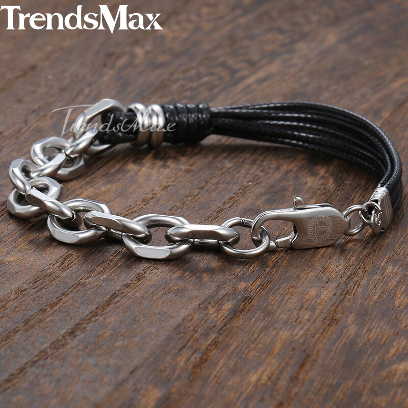 Trendsmax Bracelet en cuir pour hommes femmes en acier inoxydable câble chaîne lien Bracelet hommes bijoux 20cm KDLB35