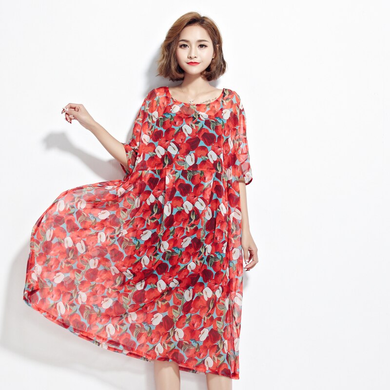 BelineRosa Plus Größe Frauen Strand Kleid Böhmischen Stil rot Apfel Druck 2 Stck Kleider Große Größen Frauen Weibliche TYW00332