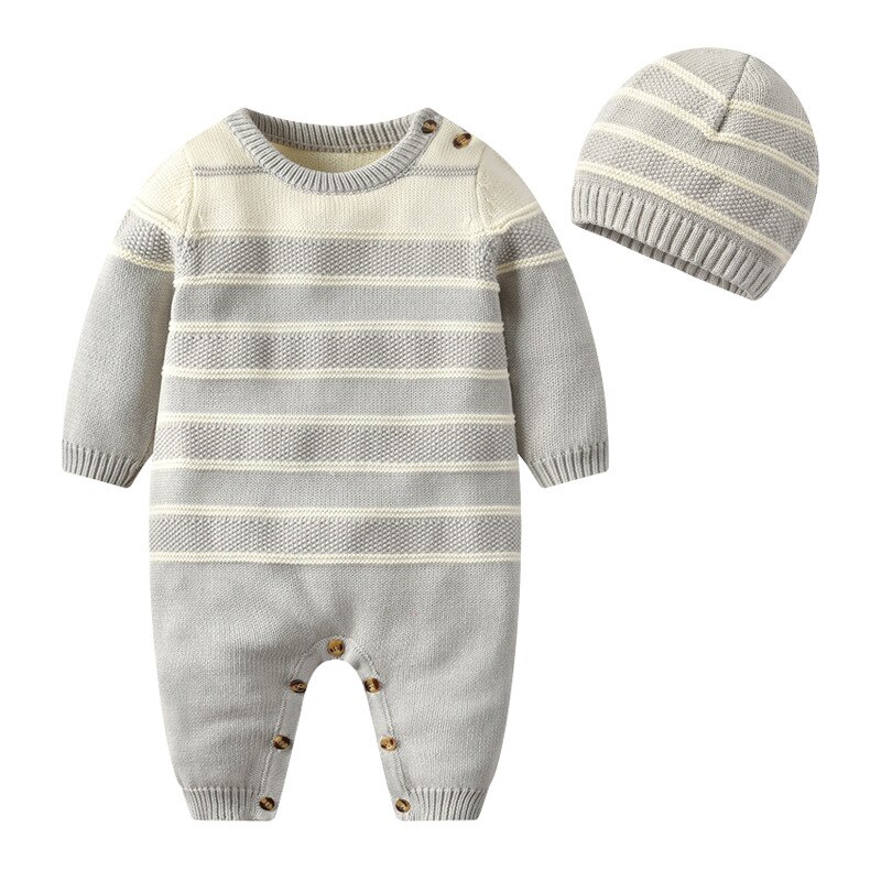 Mode Pasgeboren Baby Jongen Meisjes Winter Kleding Warm Knit Trui Streep Lange Mouwen Katoenen Peuter Vest Romper En Hoed Set: 12M-18M