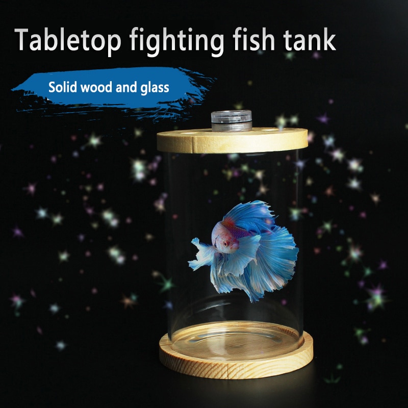 Wood High-strength Glass Small Aquarium Round Fish Tank Lazy Desktop Fish Tank Aquarium Fighting FishBowl Solid LED