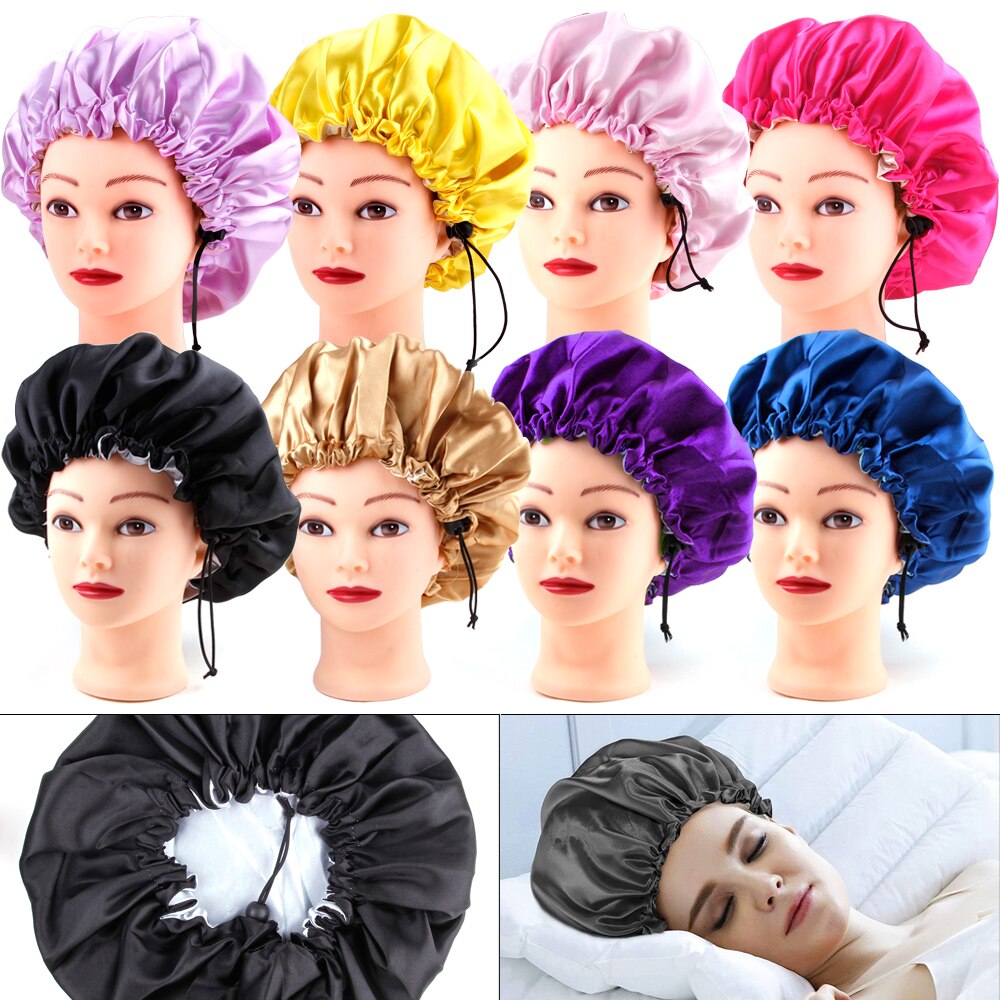 Gorro de satén Reversible para dormir, gorro de seda para mujer, gorro para el pelo de noche, cubierta para la cabeza, sombrero de doble capa ajustable, accesorios para peinados rizados