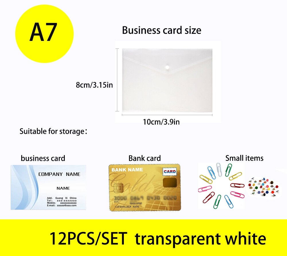 12pcs/set A4 file folder storage bag transparent plastic A5 document bag A3 office file bag school supplies paper bag folder: A7 size transparent