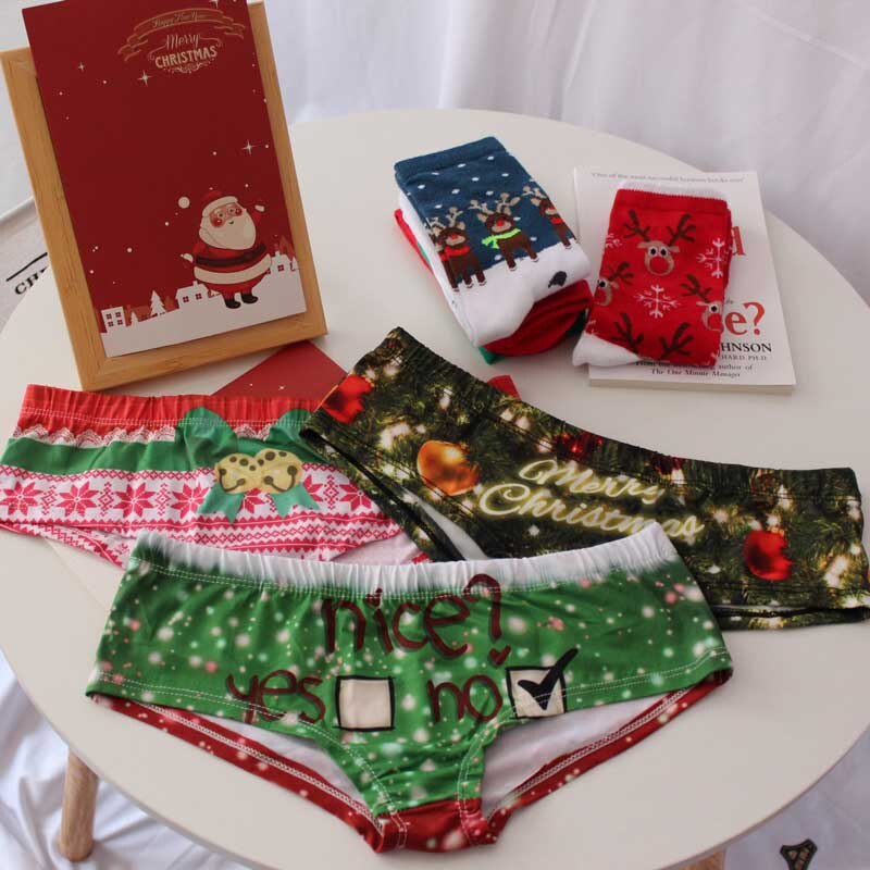 SP&CITY 3pcs Chritsmas Women Underwear Year Ekl Print Cute Cotton Panties Snow Patterned Seamless Briefs Lingerie: D