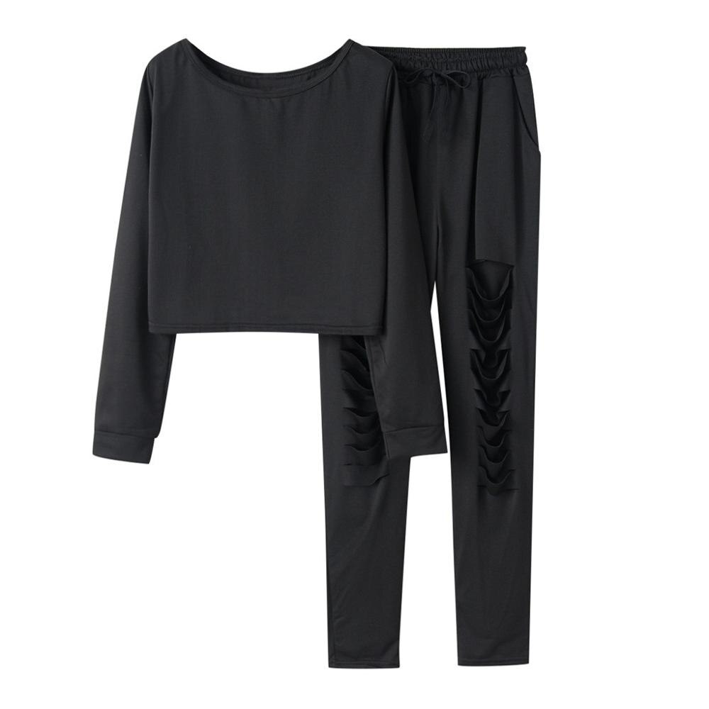 Herbst Frauen lässig Einfarbig Oansatz Lang Hülse Hemd und Schlauch Anzug Aushöhlen Sport Lauf Trainingsanzug Für Damen