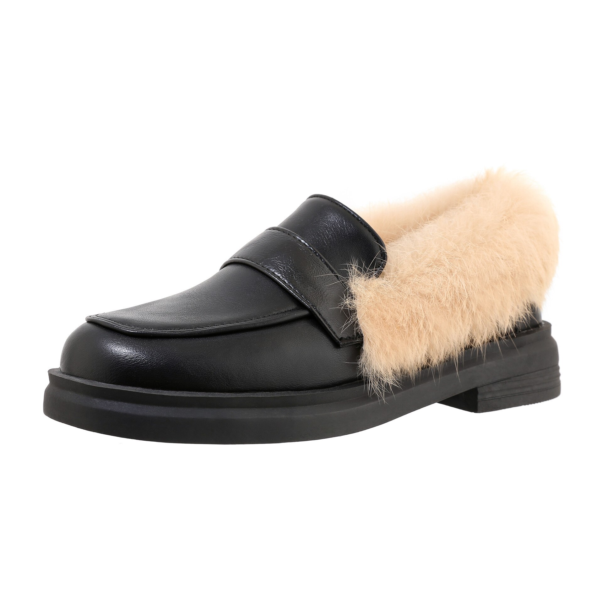 Casual Vrouw Schoen Loafers Bont Klompen Platform Ondiepe Mond Alle-Match Ronde Neus Lage Hakken Klimplanten Comfortabele Big Size rubber