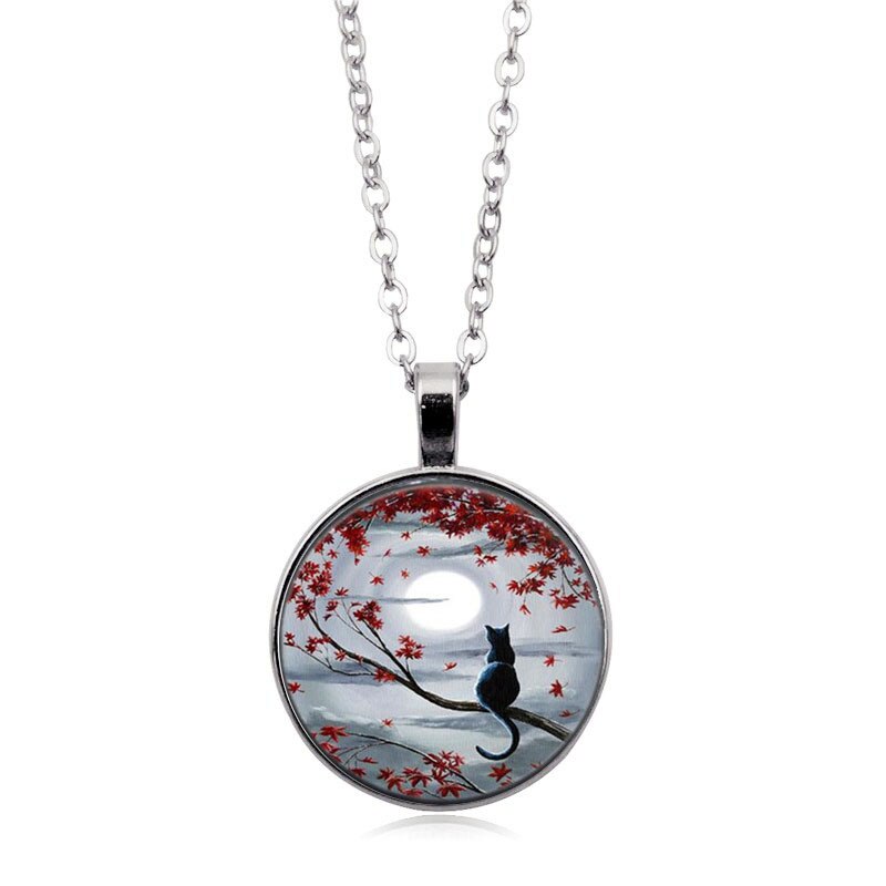 Maan En Kat Art Foto Sieraden Set Cabochon Glas Hanger Ketting Oorbel Armband Totaal 4 Stuks Voor Vrouwen Mode party