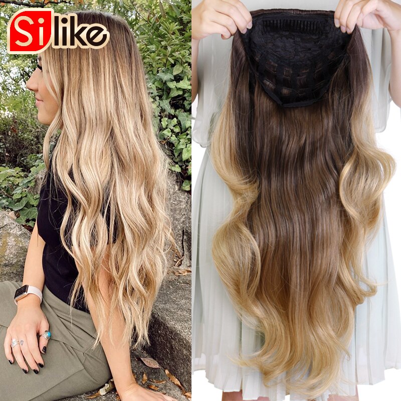 Silike Synthetische 3/4 Halb Perücken 24 Zoll Lange blond Wellenförmige Perücke Mit Clip in Haar Verlängerung 16 Farbe 210g für Schwarz Weiß Frauen