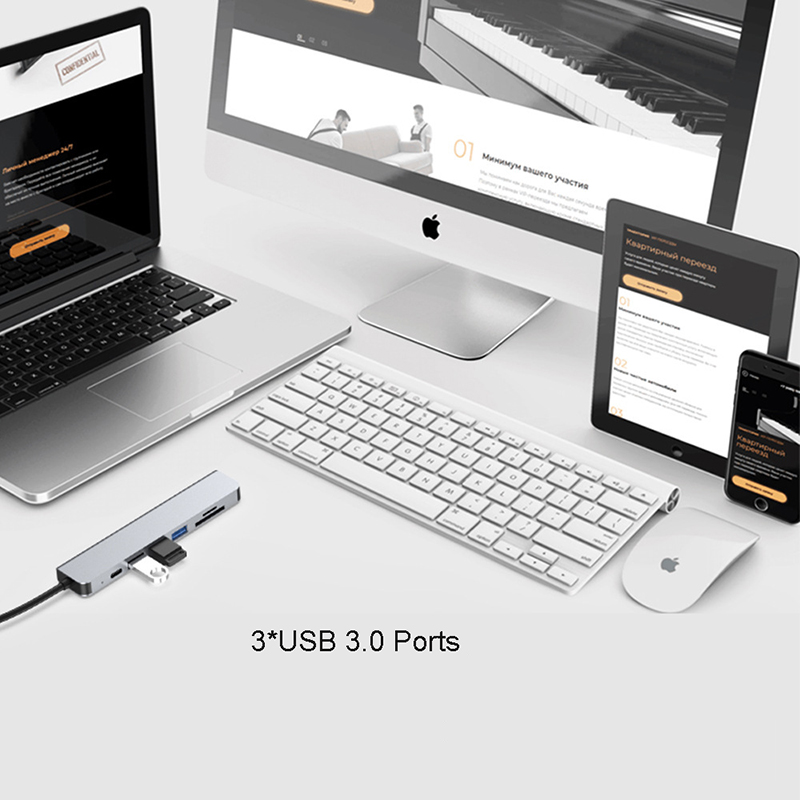7 portów z HDMI na HUB typu C HDTV 4K30hZ Projekcyjny adapter wyświetlacza PD 100W Stacja dokująca USB3.0 2.0 Czytnik kart SD TF