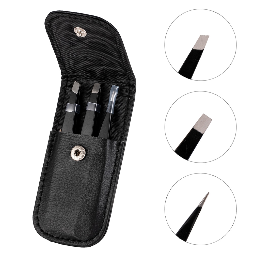 3 Stks/set Wenkbrauw Pincet Rvs Punt Tip/Slant Tip/Flat Tip Ontharing Makeup Tools Accessoire Met zwarte Tas Case
