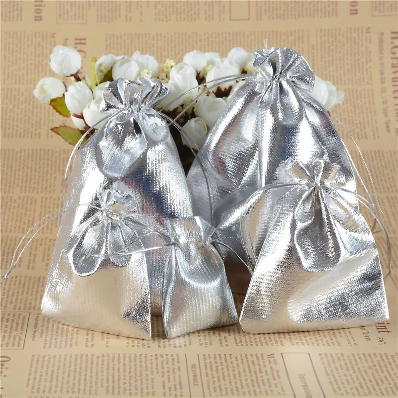 10 stks 9 Maten (5*7-20*30 cm) Bags Goud Zilver Kleur Drawable Organza Pouch Kerst Huwelijkscadeau Sieraden Craft Snoep Zakken