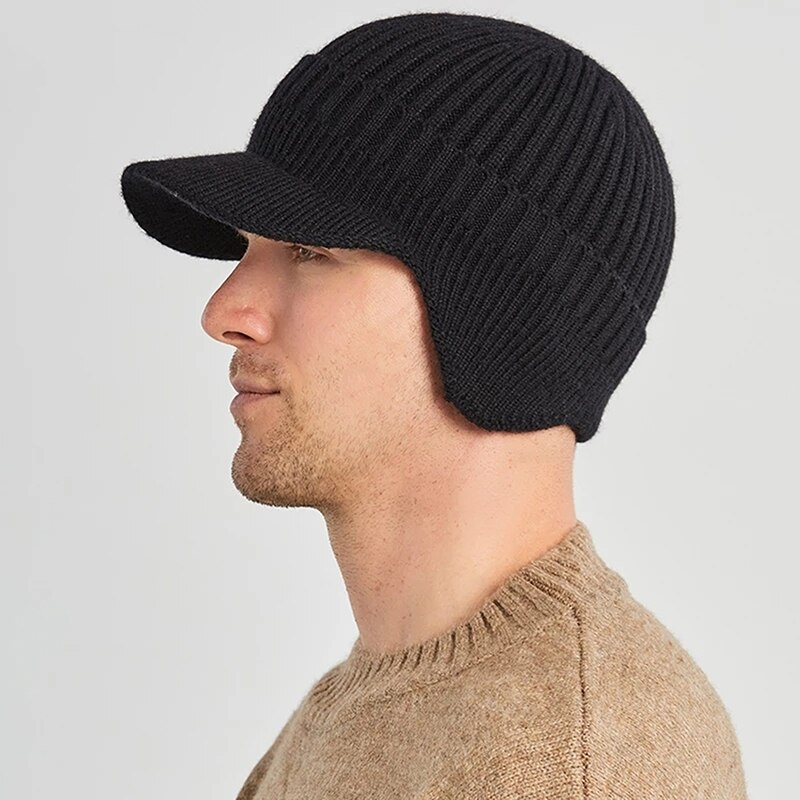Outdoor Men Winter Knitted Ear Protection Cap Think Wool Beanies Bonnet Snapback Short Brim Hat Cycling Plush Keep Warm Hat
