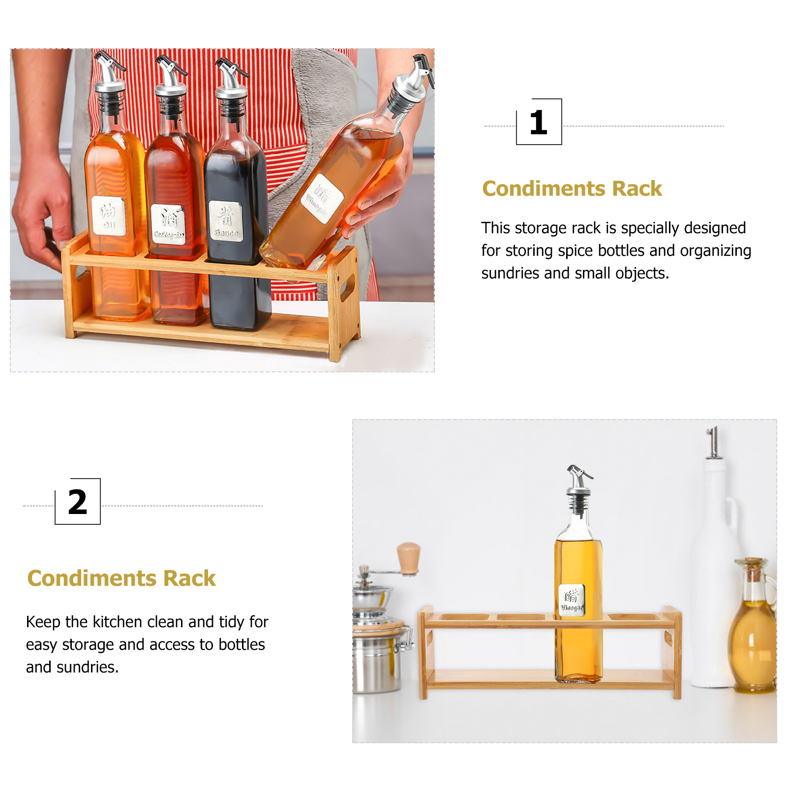 Spice Bottle Storage Rack Bottles Condiment Holder Organizer Seasoning Wooden Kitchen