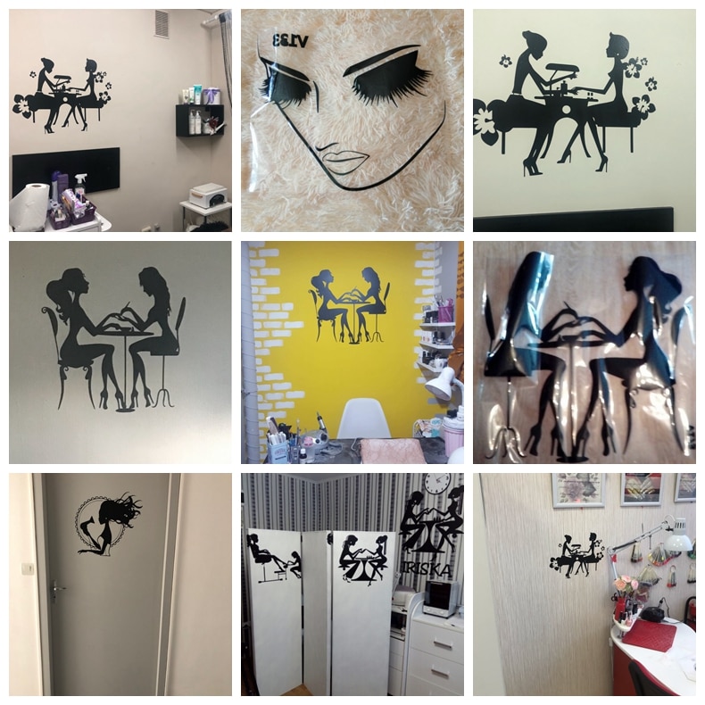 Elegante Frau Schönheitssalon Manikübetreffend Einkaufen Vinyl Wandaufkleber für Friseursalon Wanddekoration Selbstklebende abnehmbare Tapete