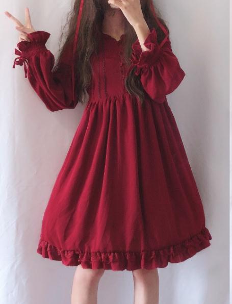 Japanese Ruffled Gretel Simpska dress Girl Lolita Dress Princess Lolita Dress falbala dress Bowknot DRESS LXC001: DARK RED / S