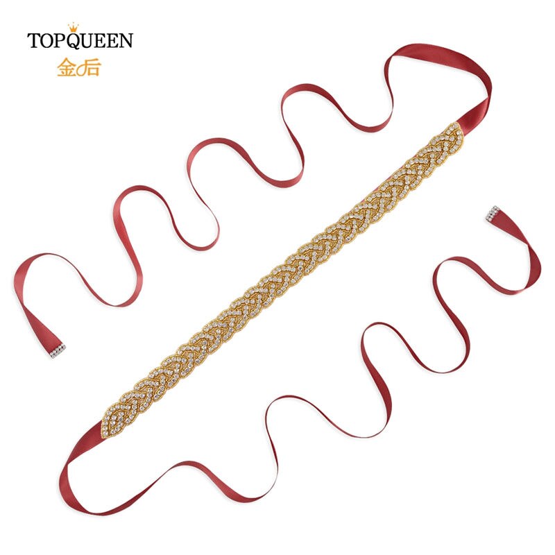 Topqueen  s216- g guld midjebälte fancy strass skärp guldpärlor brudbälte guld bälte för kvinnor bälten bröllop skärp bröllop: Vin, röd