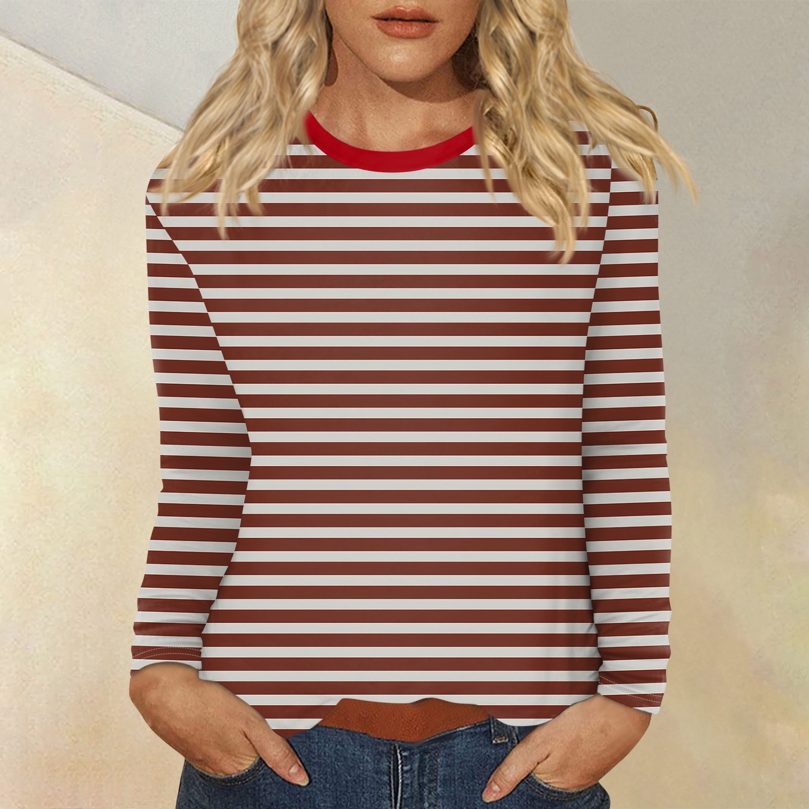 T-Shirt à Manches sulfet Col Ras du Cou pour Femme, Vêtement Décontracté, Rayé, Imprimé, Tendance, à la , de , 03
