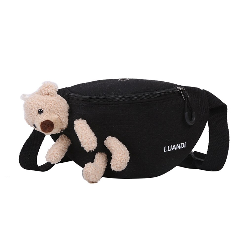 Doce meninas bonito dos desenhos animados urso saco de peito feminino casual lona pacote cintura zíper sacos crossbody sacos de esportes com buraco fone de ouvido: Black