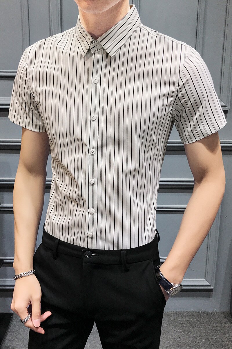 Sommer herre stribet skjorte mærke slim fit kortærmede herre sociale skjorter afslappet enkel all match bluse homme