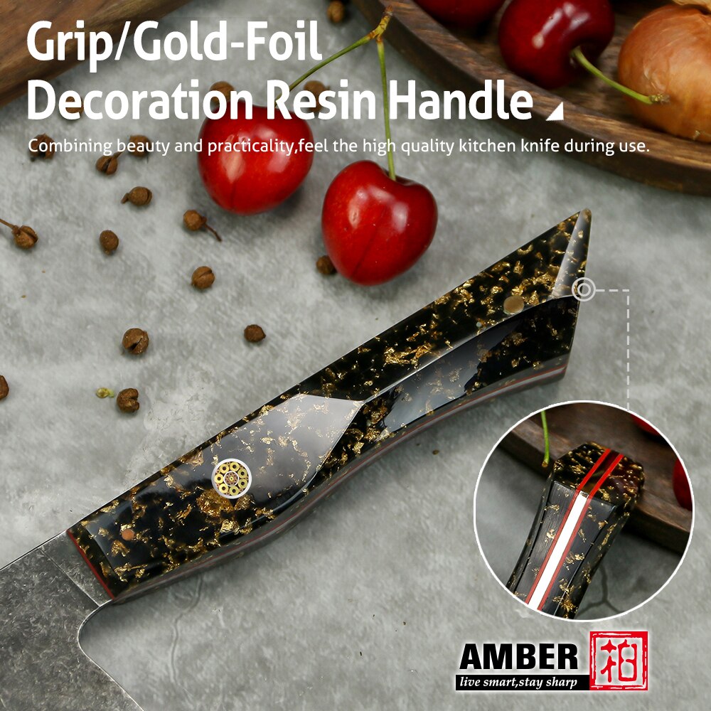 AMBER Kitchen Knife 10Cr18Mov 3 Layers Cladding Steel Chef Knife Gold-Foil Resin Handle Chinese Cleaver Knives Cooking