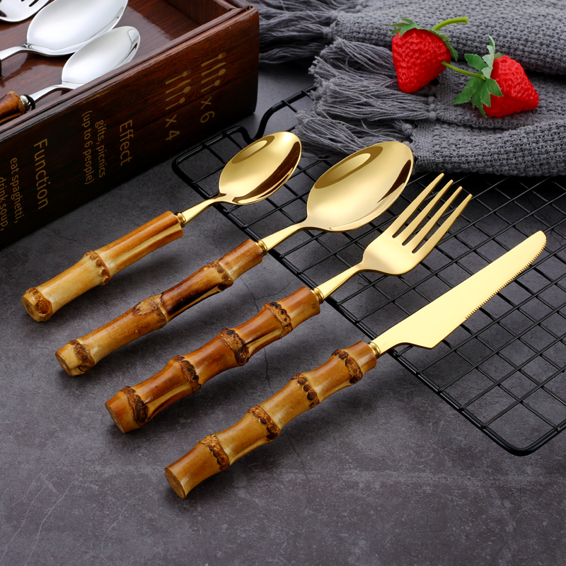 4-24Pcs Natural Bamboo Tableware Set Stainless Steel Includes Fork Knife Spoon Set Flatware With Box Dinnerware Cutlery Set