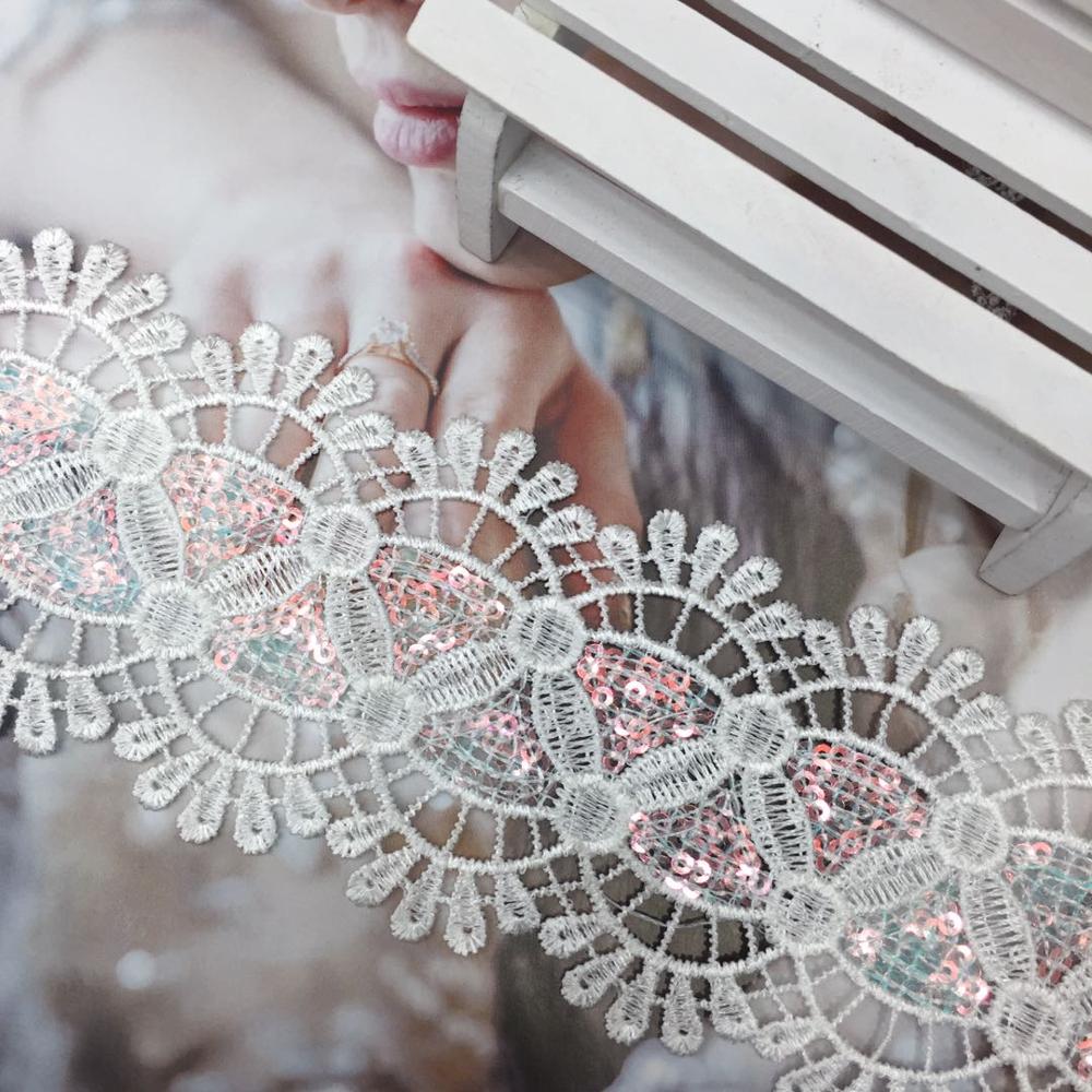 White Ivory Wedding Lace Fabric Bridal Lace Appliqued Border Flower Sequined Embroidered Fabric Sewing Apparel Lace Trims