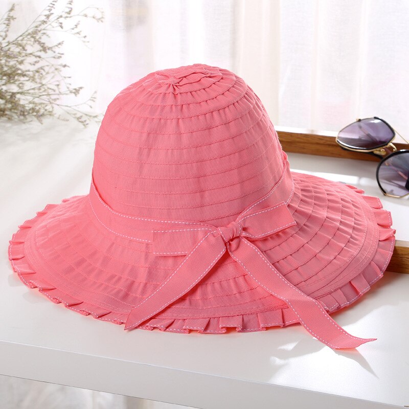 Women Hat Korea Style Bowknot Foldable Large Wide Brim Hats Anti-UV Adjustable Ladies Beach Sun Basin Caps: Roze