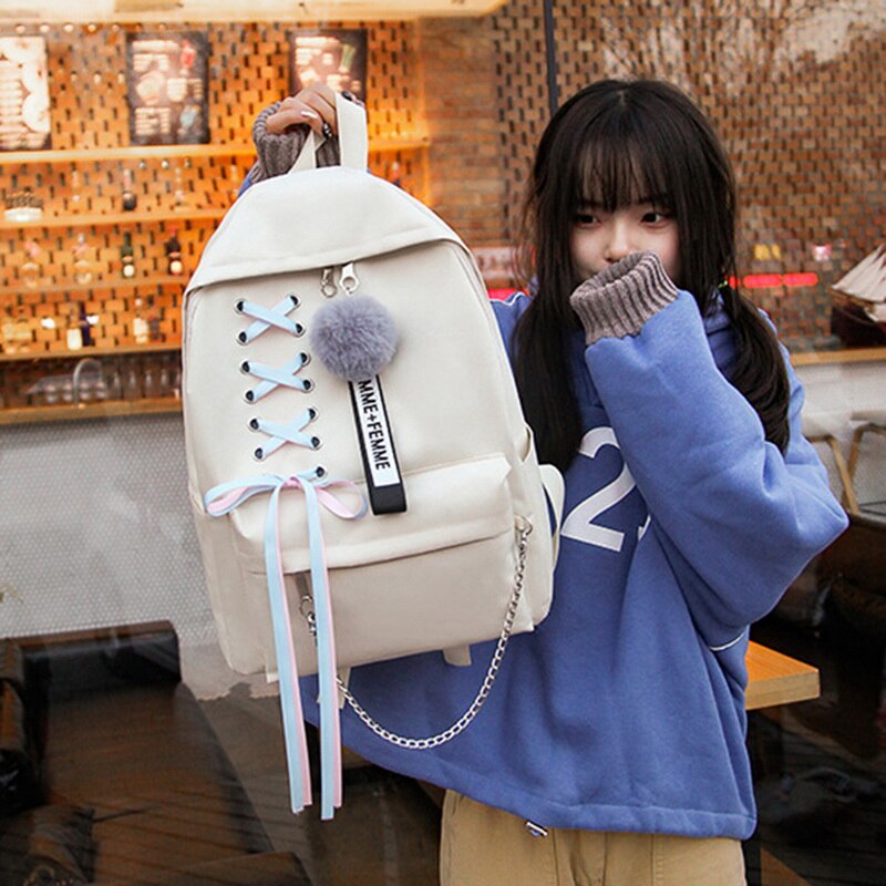 SHUJIN 5 teile/satz Schule Tasche für Teenager Solide Rucksack Schul Frauen Schüler Tasche Spitze Bogen Bündel Rucksack