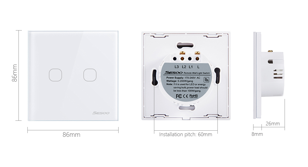 SESOO Touch Wall Switch 2 Gang 1 Way Touch Light Switch RF433 Remote Control Switch 170-240V