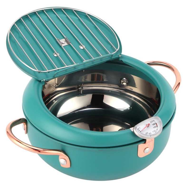 Friteuse Frying Pot with Thermometer Japanese Stainless Steel Fryer Pan for Induction Cooker Deep Green Air Fryer Accessories