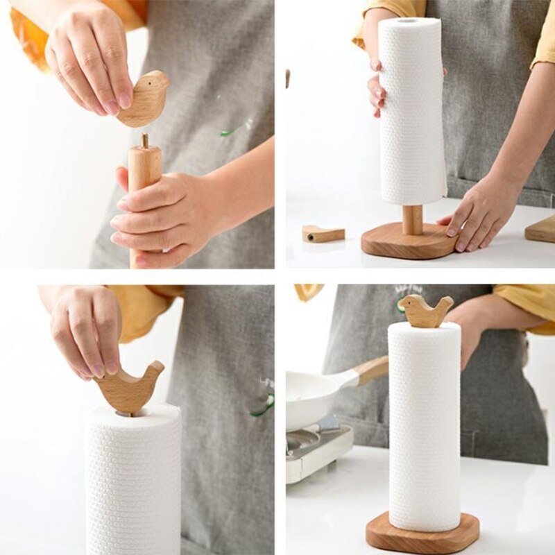 Roll Paper Storage Rack Paper Towel Rack Shelf Kitchen Countertop Solid Wood Vertical Toilet Paper Roll Holder Large