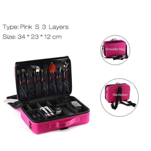 Frauen Kosmetik Tasche Reise Make-Up Organizer Professionelle Machen Up Box Kosmetik Tasche Taschen Schönheit Fall Für Make-Up Künstler: Pink S 3 Layers