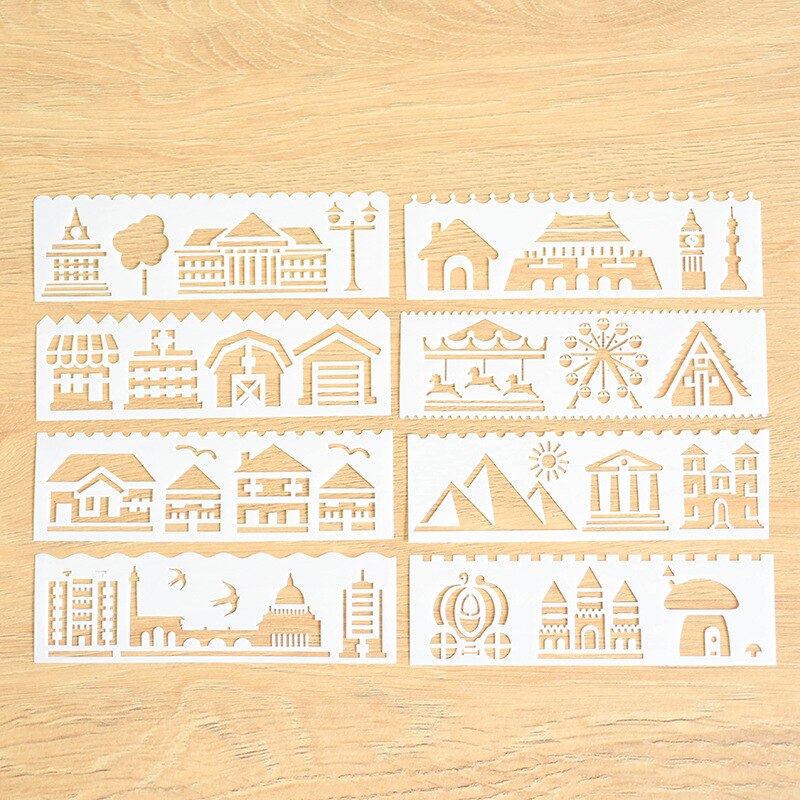 Pochoirs en dentelle à colorier de dessin animé, modèle de dessin animé, de nouvel an pour enfants, feuilles d'animaux et véhicules, alphabet, flocons de neige, 8 pièces/ensemble: Building
