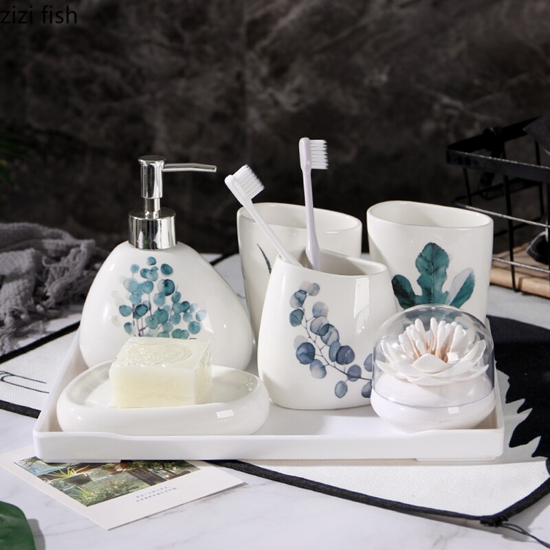 Vert plante nordique céramique salle de bain accessoires ensemble distributeur de savon/porte-brosse à dents/gobelet/porte-savon chine salle de bain produits