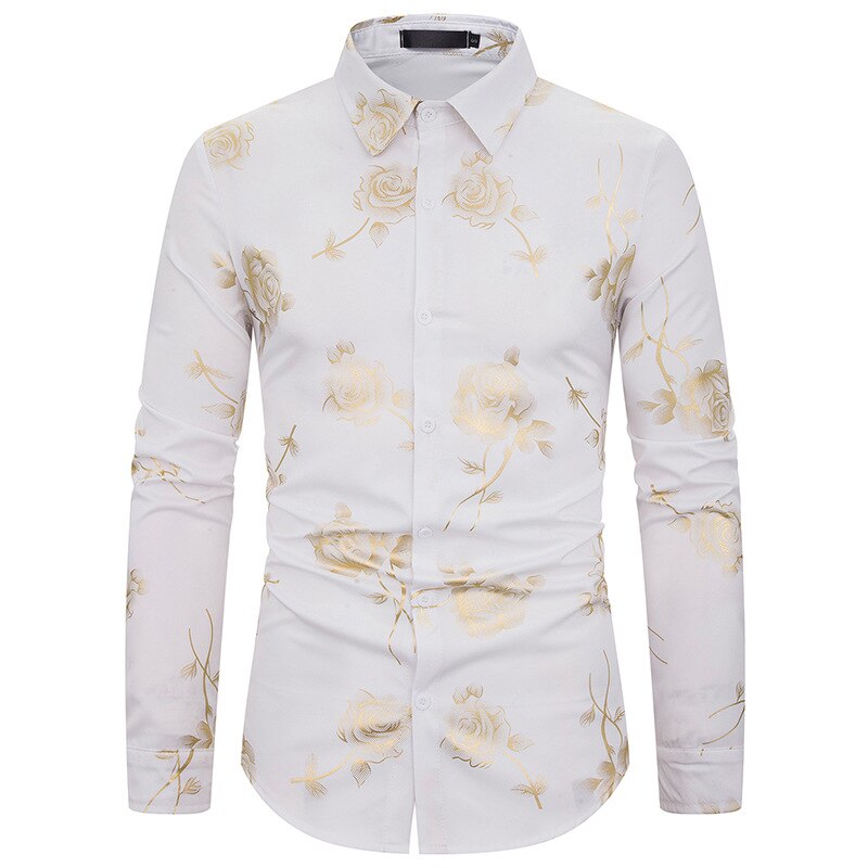 Blommiga skjortor för män manlig slim fit långärmad skjorta män svart vit blomtryck business casual skjortor s -2xl: Vit / S