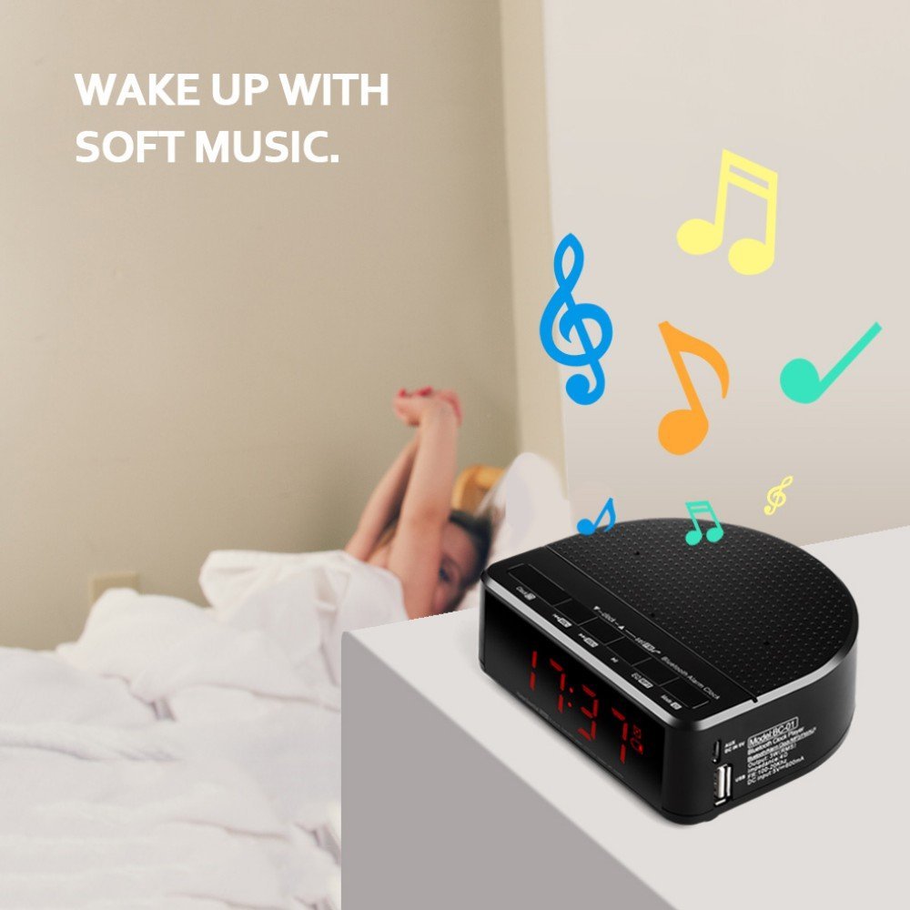 Radio réveil numérique avec haut-parleur Bluetooth, affichage chiffre rouge avec 2 gradateurs, radio FM, Port USB chevet réveil led.