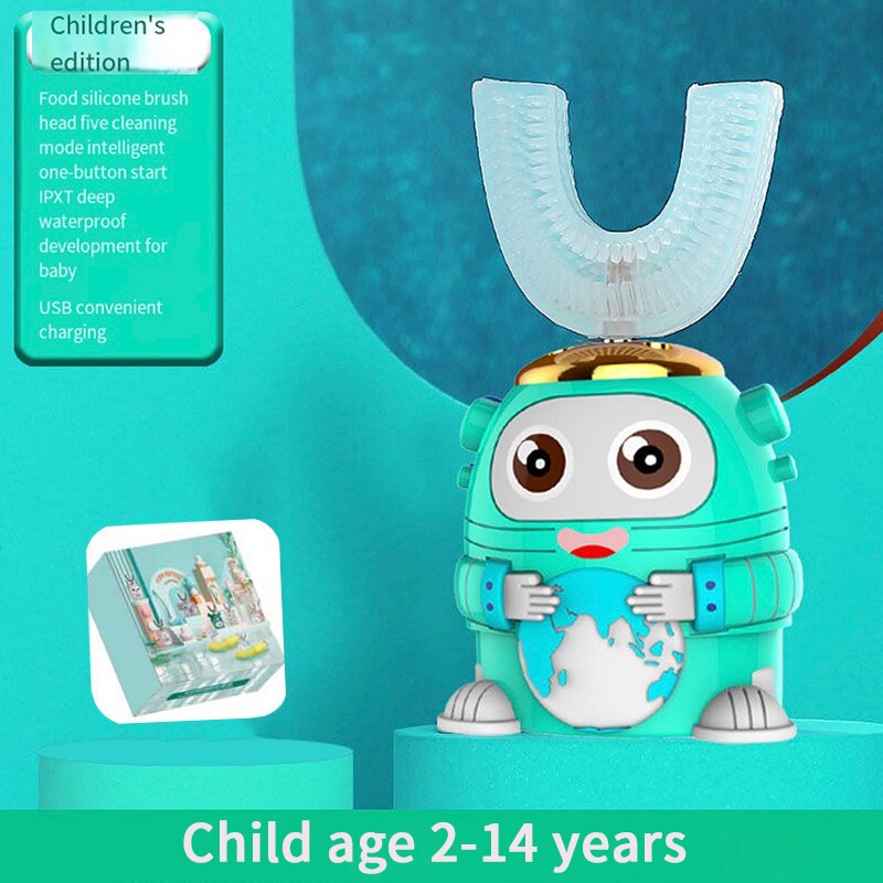 Children's Electric Toothbrush Smart 360 Degree U Silicon Toothbrush USB Automatic Ultrasonic Tooth Toothbrush Cartoon Pattern: green